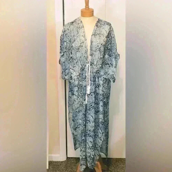 Carlos by Carlos Santana Blue Snake Print Maxi Kimono Sheer Cover Up size O/S - Picture 10 of 10